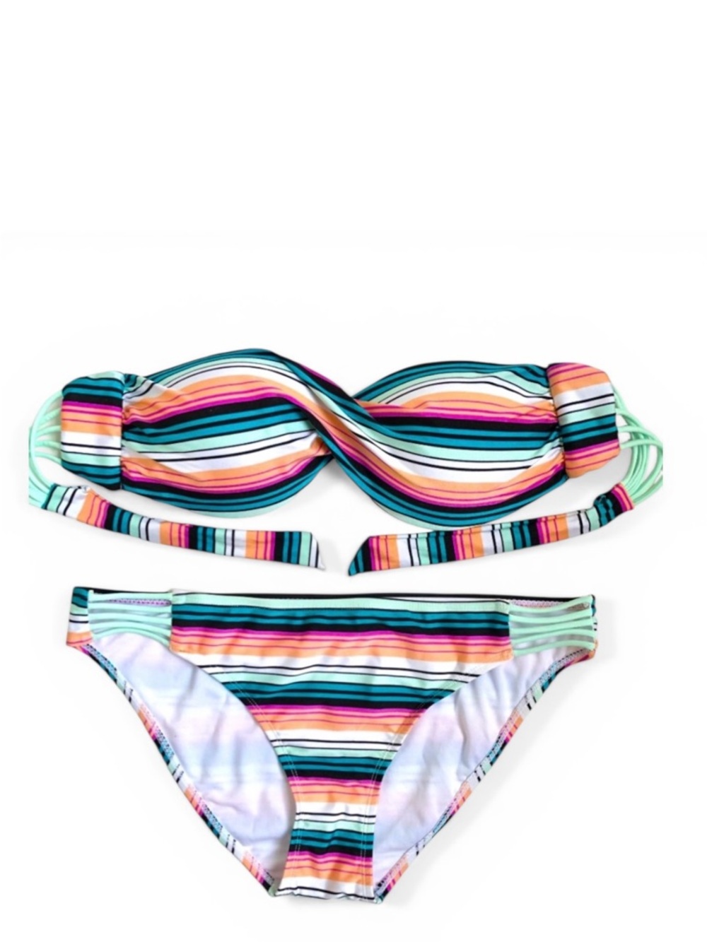 Hot Water Swim Stripped Multicolored Bandeau Bikini Set Women’s Size L